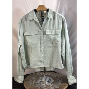 GAP Light Aqua 100% Linen Button Up Cropped Shirt Top Pockets Womens Medium